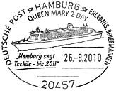 Sonderstempel vom 26.8.2010 Hamburg Queen Mary 2 Day Hamburg sagt Tschüs - bis 2011
