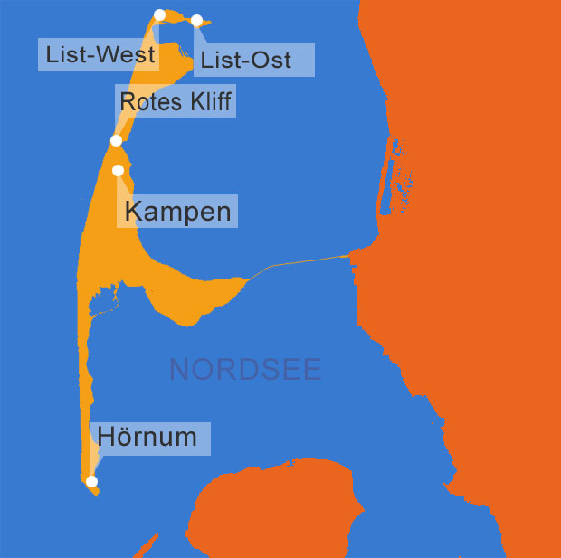 Karte mit den markierten Leuchttürme auf der Insel Sylt