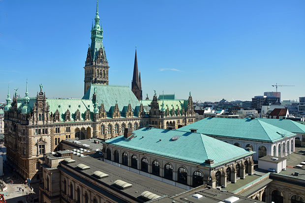 Das Hamburger Rathaus und die Dächer der Handelskammer